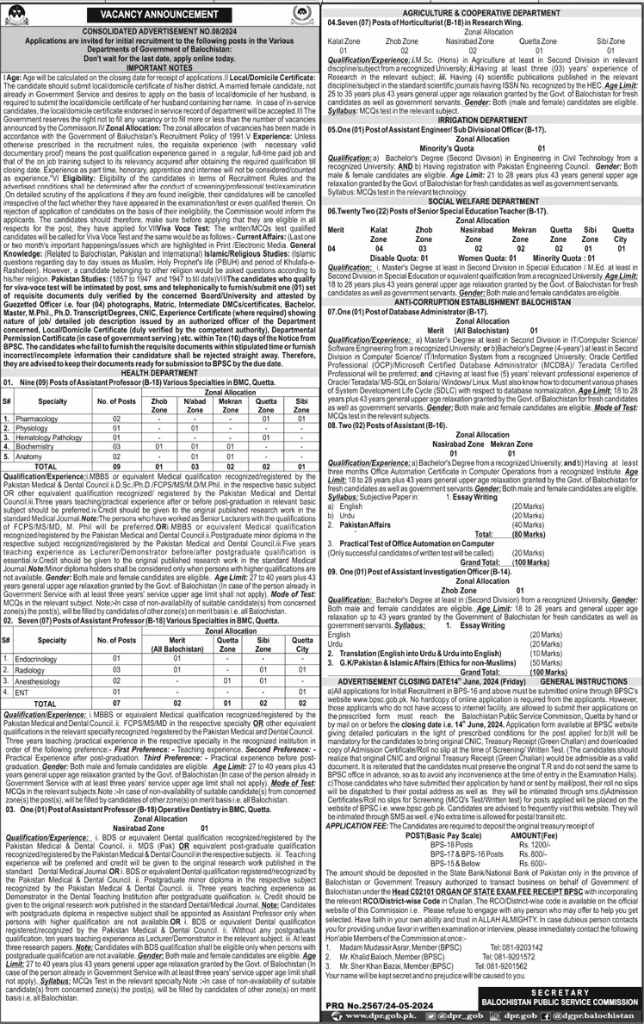 BPSC Jobs 2024 Advertisement No. 08/2024 | www.bpsc.gob.pk