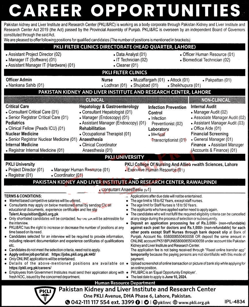 Pakistan Kidney And Liver Institute PKLI Jobs 2024