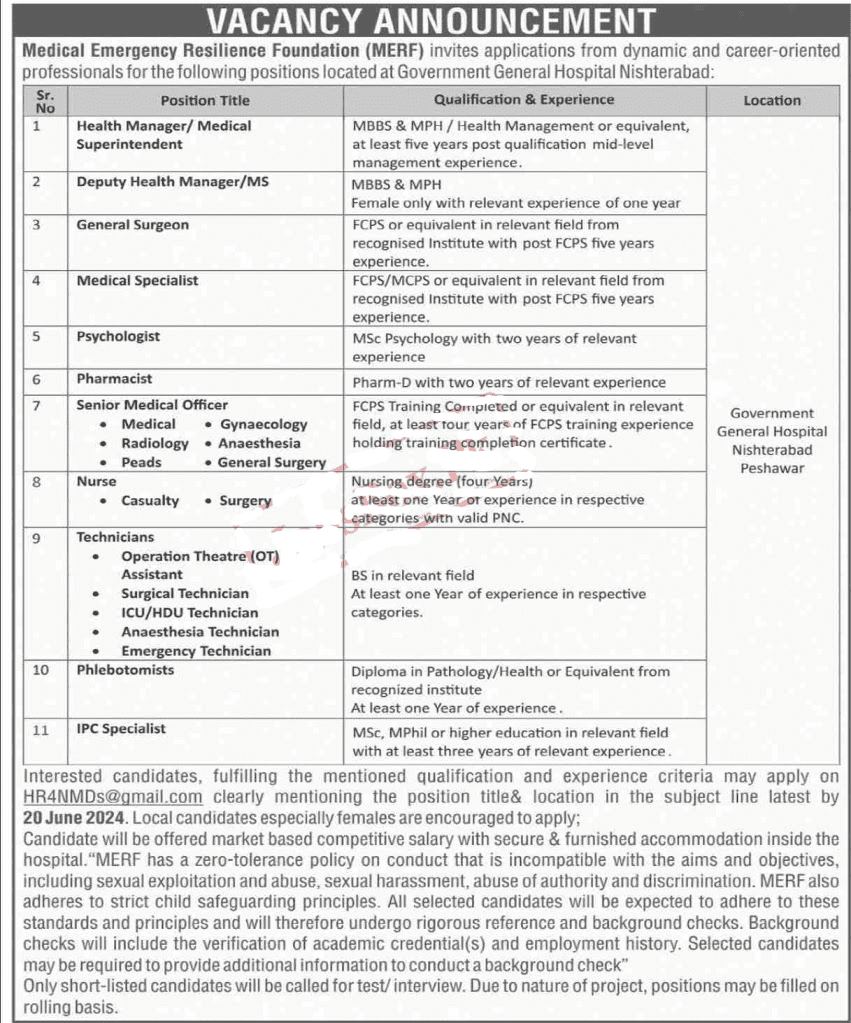 Medical Emergency Resilience Foundation MERF Jobs 2024